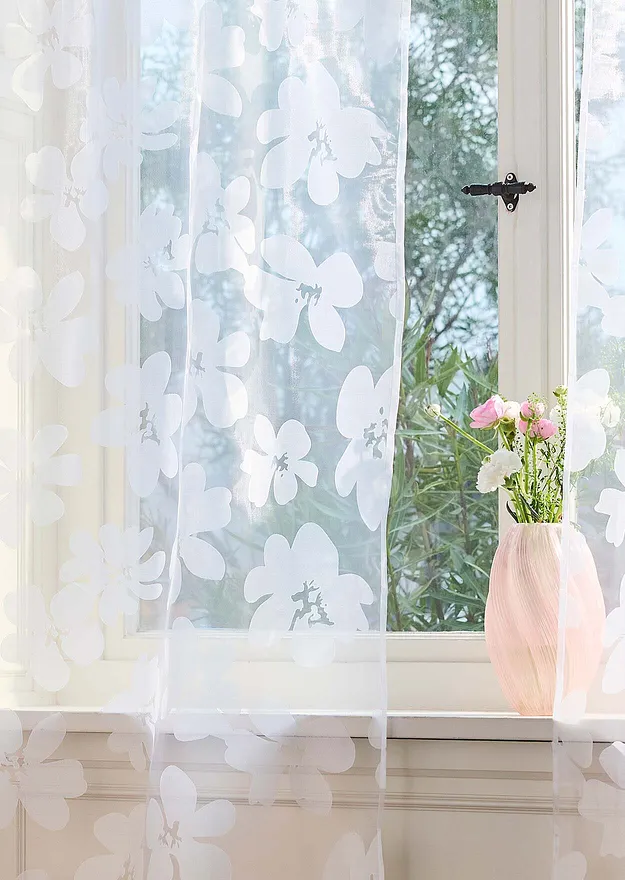 Hjem - Gardin med etset m&oslash;nster (1-pack) - hvit