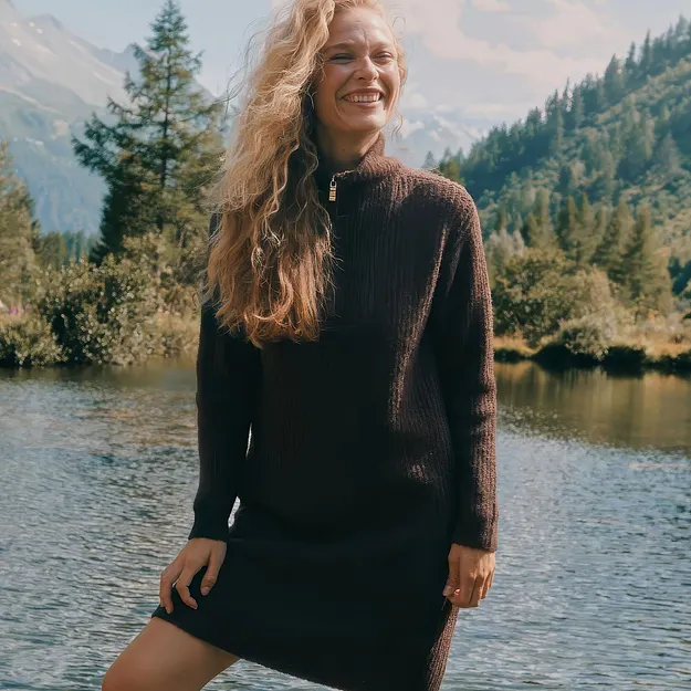 Stilfull og varm: m&oslash;rk, ribbestrikket half-zip-kjole.