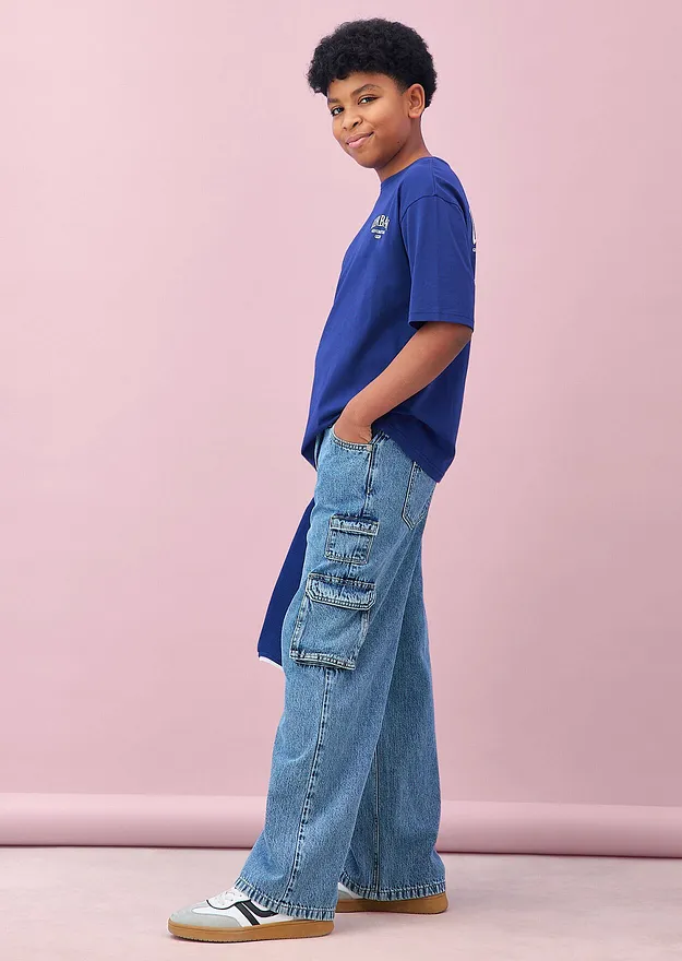 Barn - Oversized T-skjorte i 100% &oslash;kologisk bomull - midnattsbl&aring; med trykk