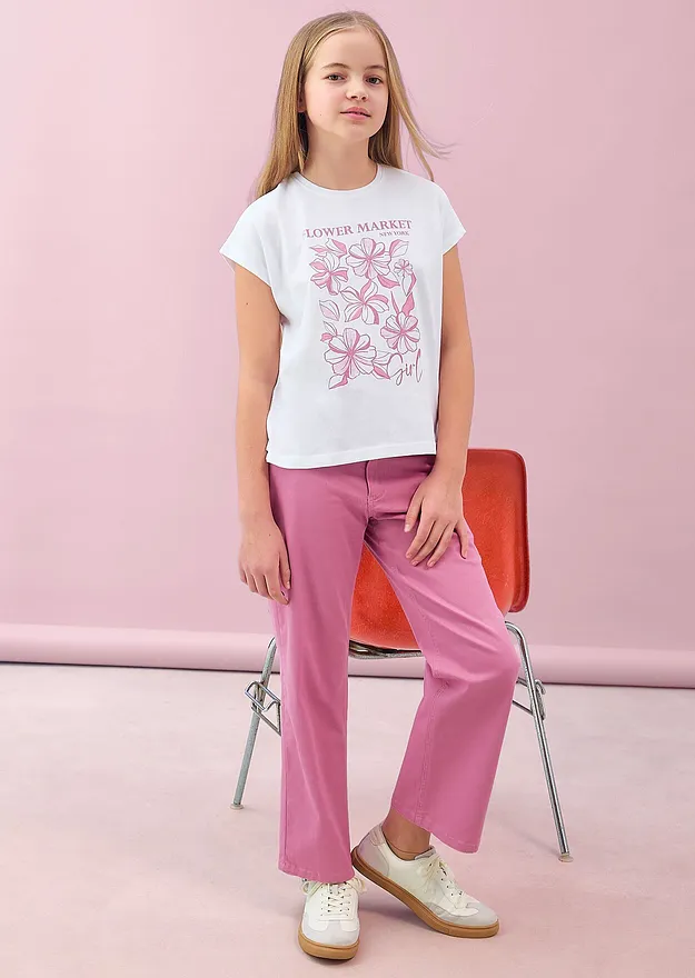 Barn - T-skjorte i 100% &oslash;kologisk bomull - hvit blomsterm&oslash;nster