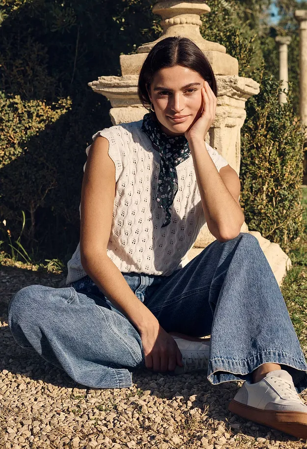 Dame - Strikket topp i 100% bomull - naturhvit