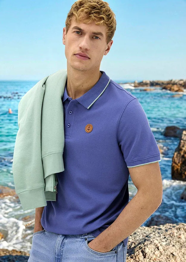 Herre - Pik&eacute;-poloskjorte i &oslash;kologisk bomull - jeansbl&aring;