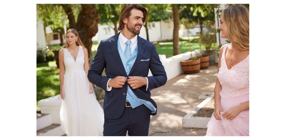 Herre - Bryllupsdress Slim Fit (5-delt sett): Blazer, bukse, vest, slips, lommetørkle - mørk blå 