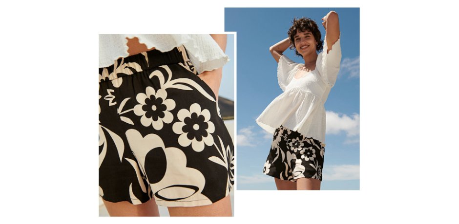 Dame - Shorts i viskose med stikklommer på sidene - sort/kittbeige print