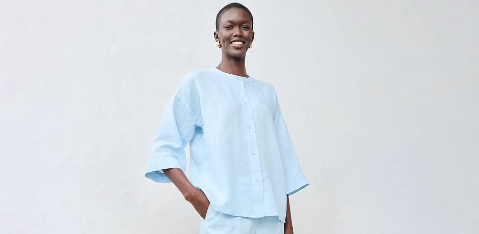 Dame - Oversized bluse i lin - isblå