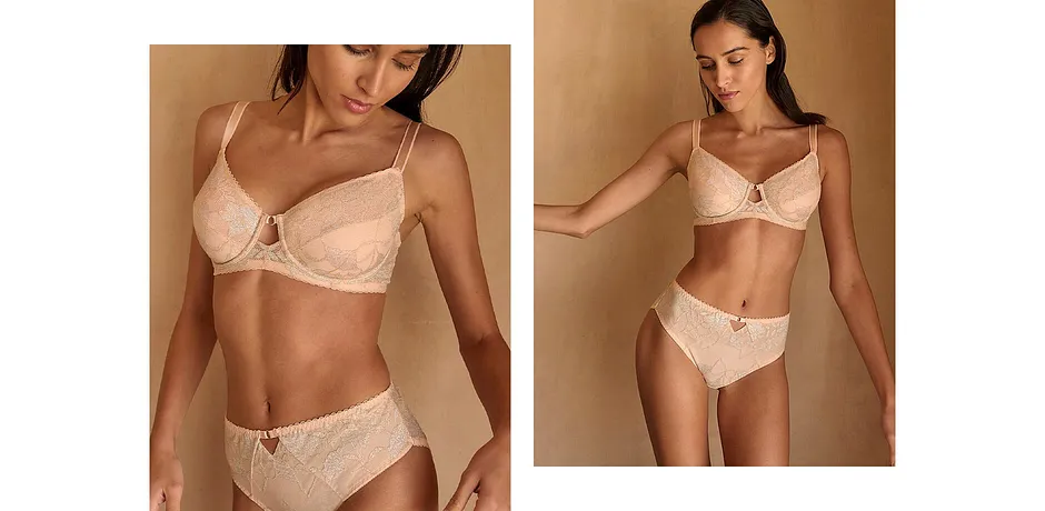 Dame - Minimizer-BH med bøyle og tofargede lurex-blonder - perlebeige/sølvfarget/gullfarget lurex