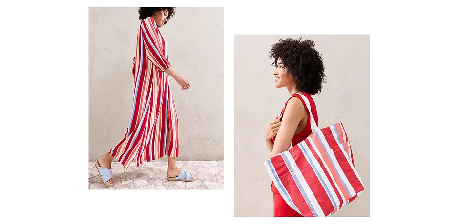 Dame - Stripemønstret kaftankjole av strukturert viskose - valmuerød/lakserosa/hvit stripemønster