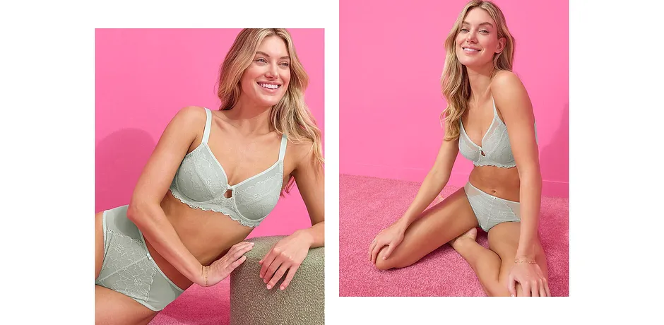 Delikate blonder pynter den mintfargede BH-en og passende undertøy, elegant og feminint.