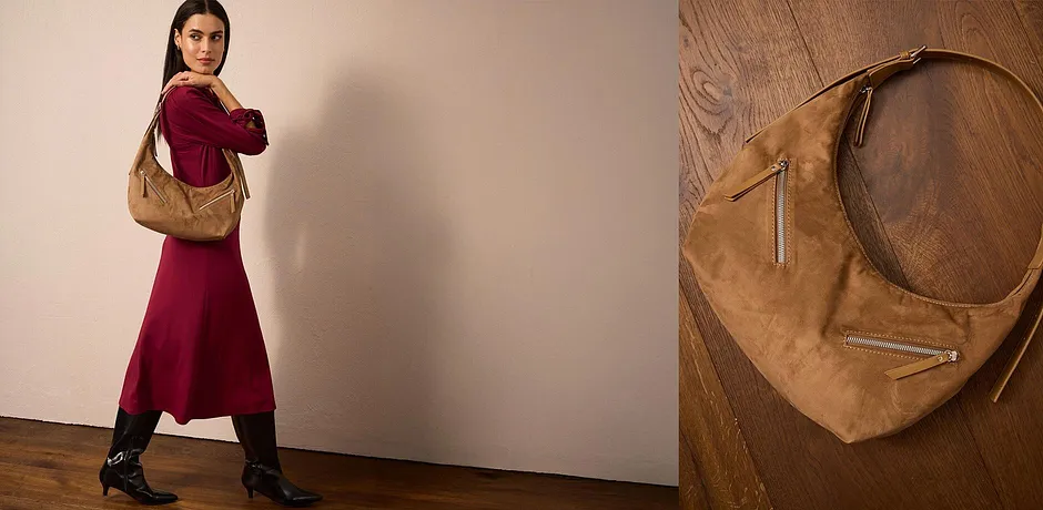 Elegant, burgunderrød kjole som passer til den brune skinnvesken.