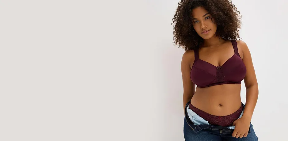 Sporty look: Fiolett BH og bluejeans fremhever den selvsikre, avslappede utstrålingen.