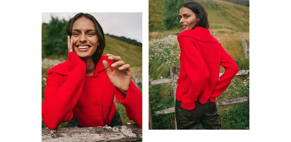 Dame - Grovstrikket cardigan - lavarød