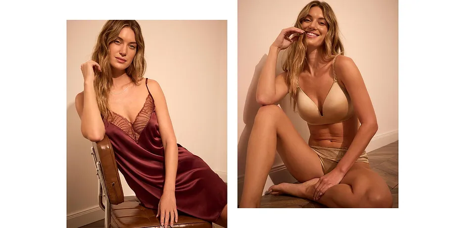 Dame - Neglisjé i sateng med nydelig broderi - burgunder