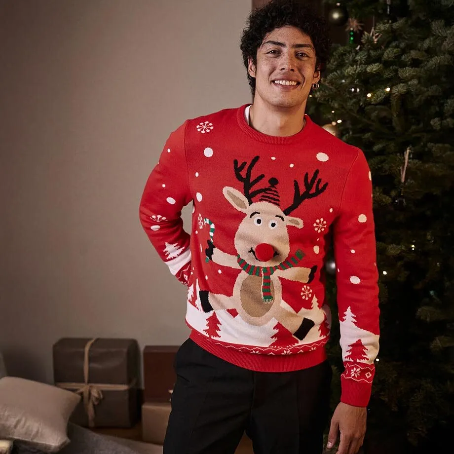 Morsom, rød julegenser med søtt reinsdyrmotiv.