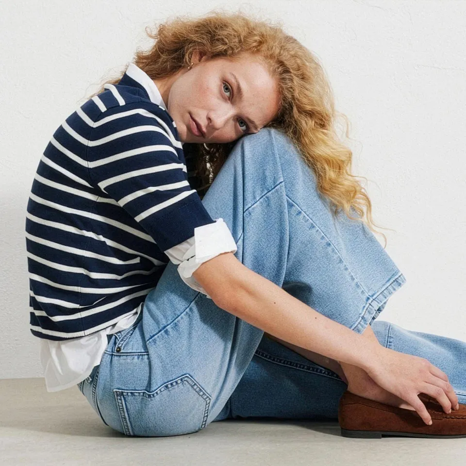Stripete genser over hvit skjorte, vide bluejeans og brune loafers.