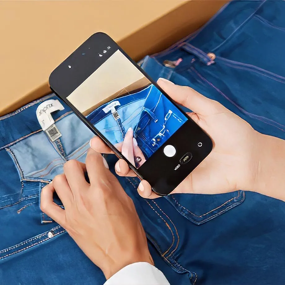 Bl&aring; jeans med etikett ved siden av en mobiltelefon.