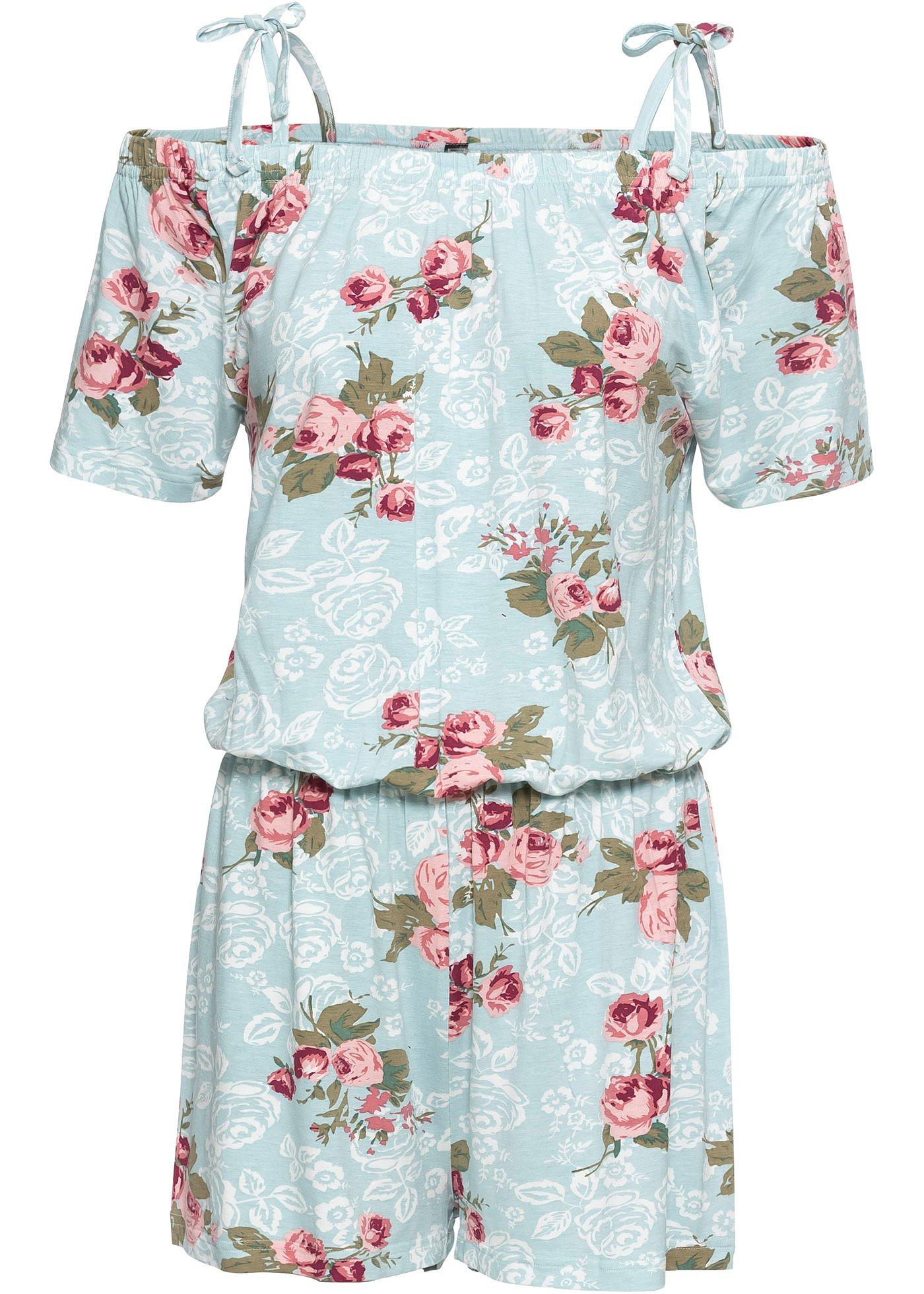 Kort onepiece med blomster over hele turkis/rosa/rød/grønn blomstret