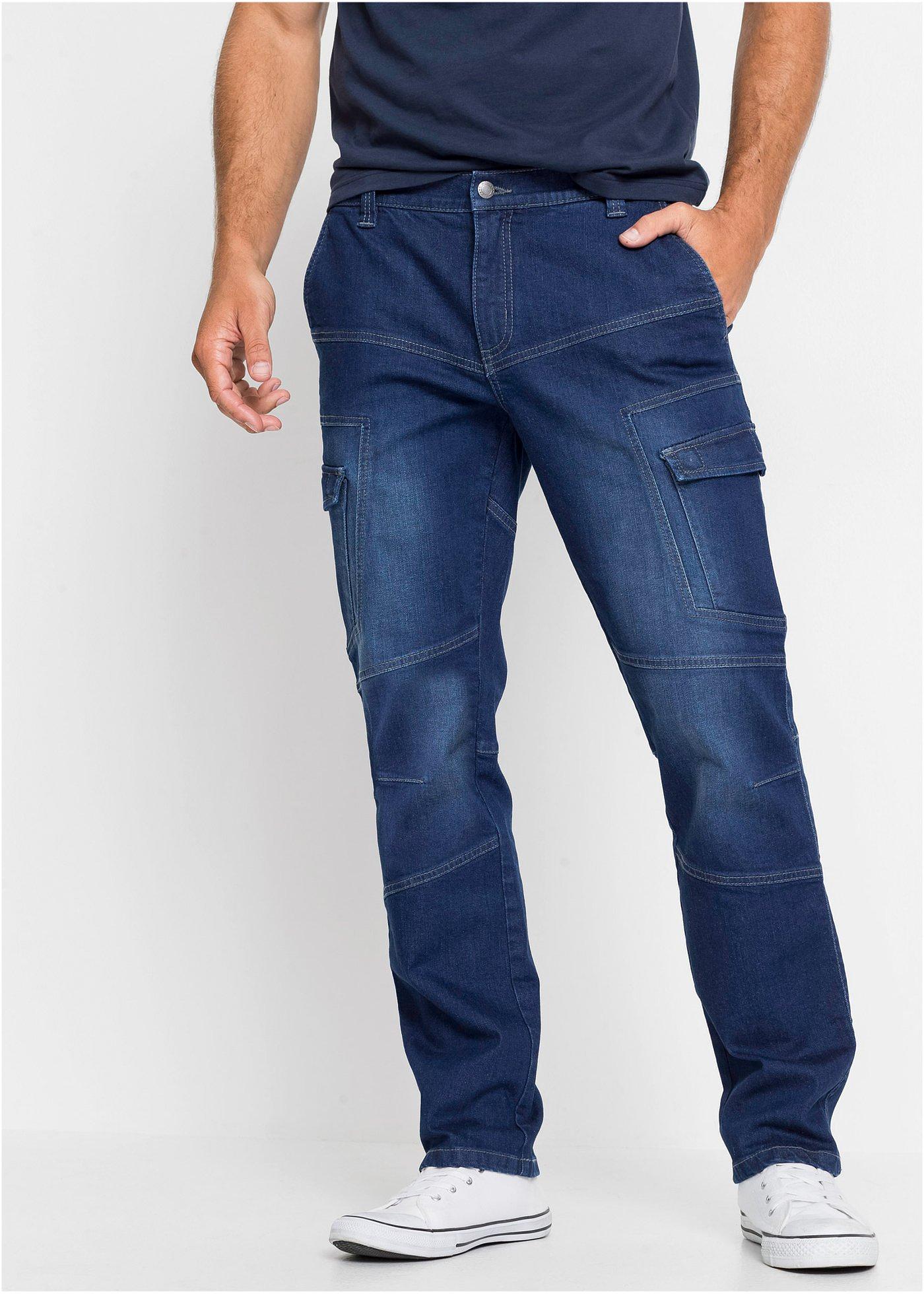 RegularFit cargojeans med markante sømmer, washed, Straight blå denim