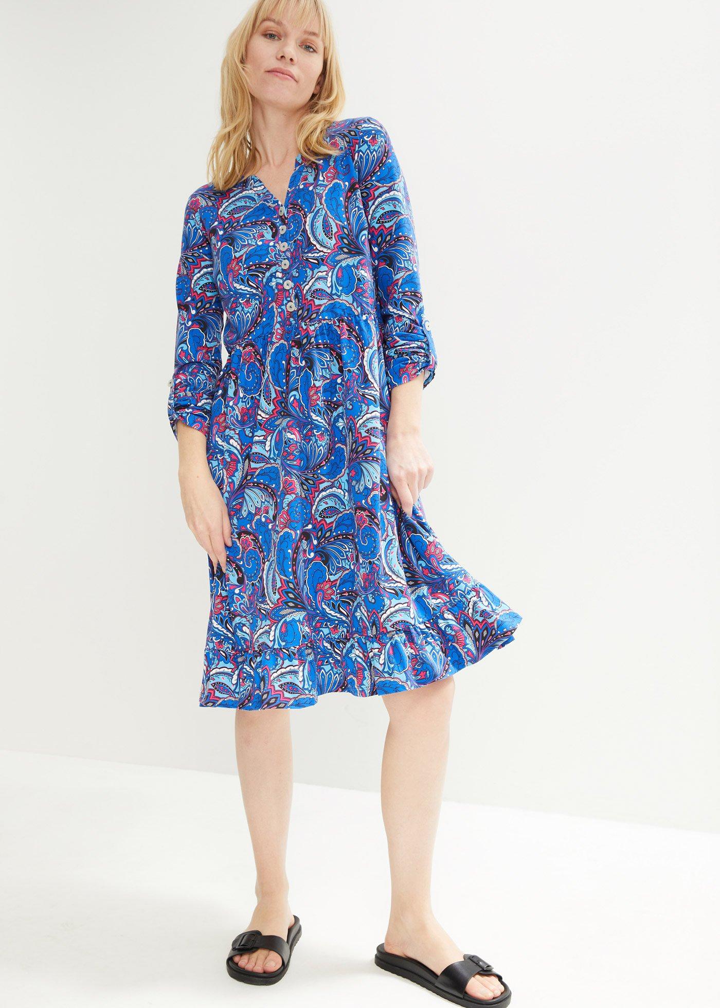 Tunikakjole med volanger og knappestolpe asurblå paisley