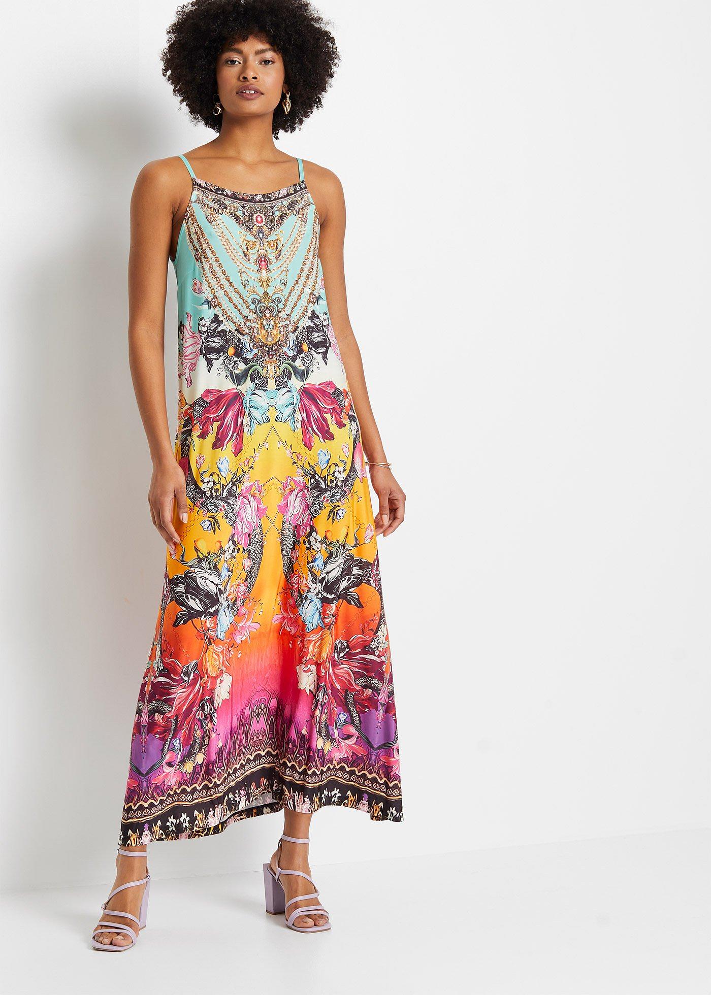 Moderne kjole med spagettistropper og pent trykk pink/orange med trykk