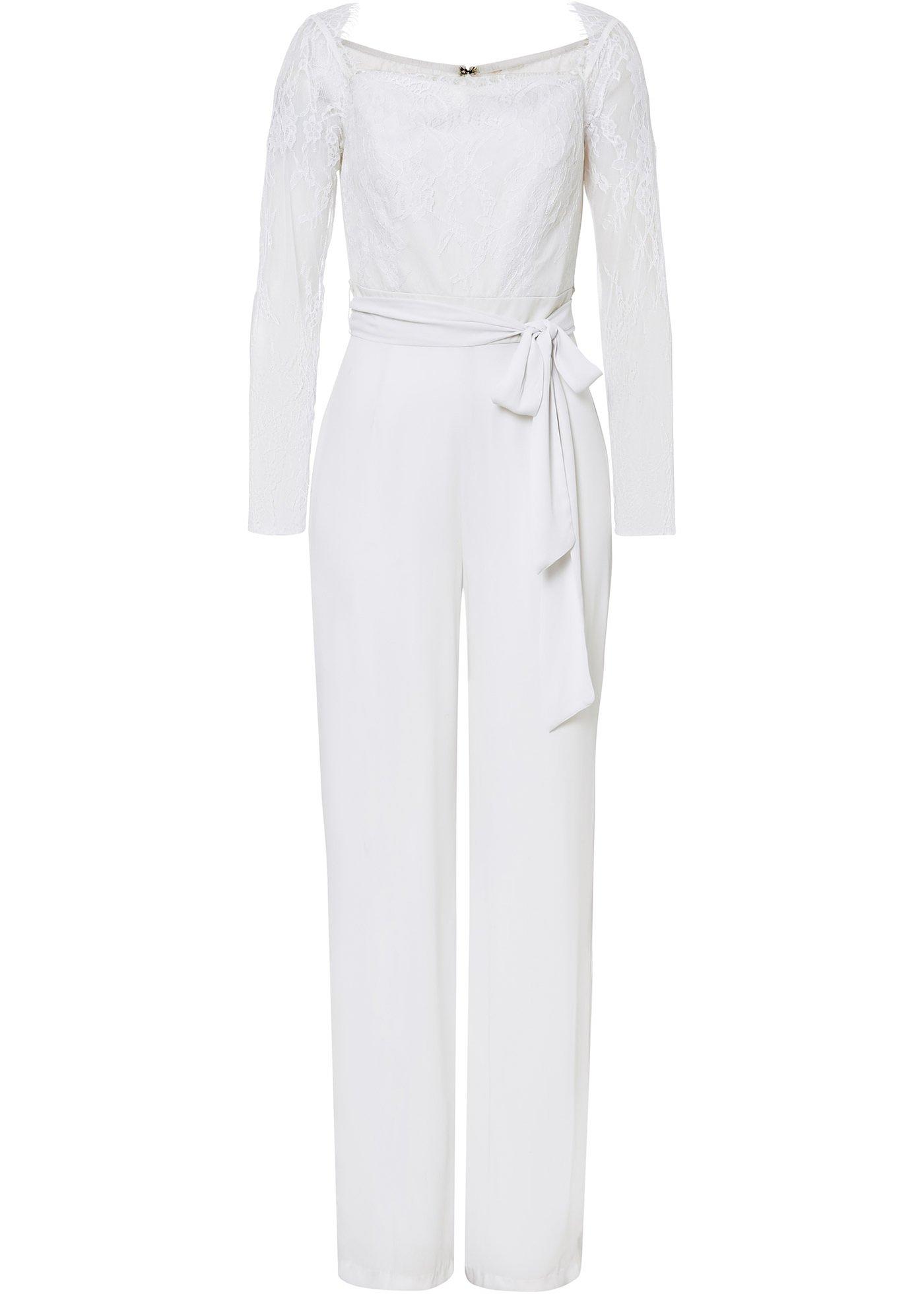 Feminin jumpsuit med flott passform og knytebelte hvit