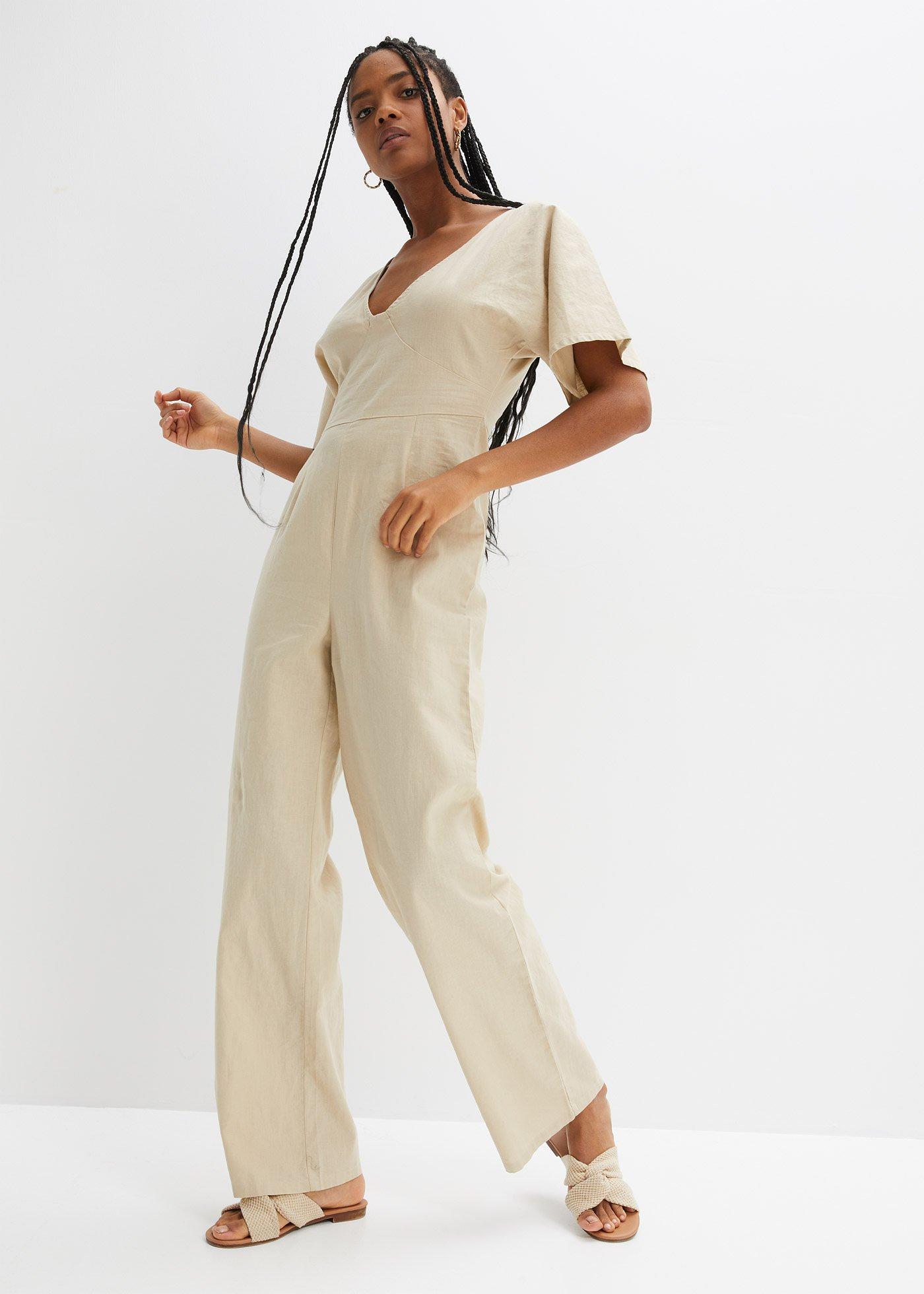 Jumpsuit med lin og dyp Vutringning sand