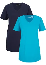 Lang basic T-shirt med V-hals og kort arm 2-pack, bonprix