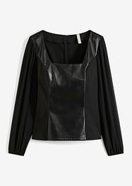 Bluse med chiffonermer, imitert skinn, BODYFLIRT boutique