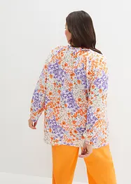 Vid bluse i struktur-materiale, med A-fasong med volanger og print, 7/8-lange ermer, bonprix