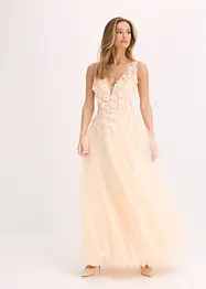 Maxikjole i fin tyll med applikerte blomster, bonprix