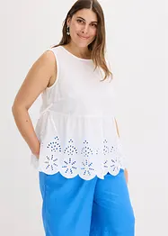 Ermeløs bluse med splitt og hullbroderi, bonprix