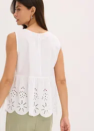 Ermeløs bluse med splitt og hullbroderi, bonprix