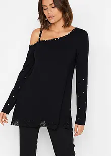 Cold shoulder-topp med blonder og perler, bonprix