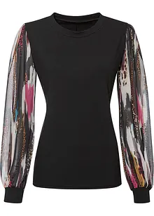 Ribbet topp med ermer i chiffon, bonprix