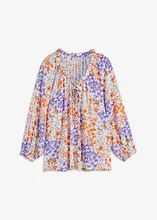 Vid bluse i struktur-materiale, med A-fasong med volanger og print, 7/8-lange ermer, bonprix