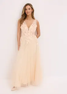 Maxikjole i fin tyll med applikerte blomster, bonprix