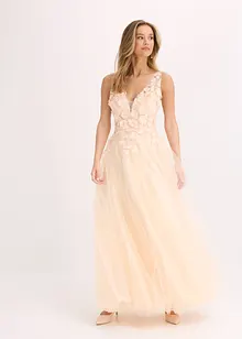 Maxikjole i fin tyll med applikerte blomster, bonprix
