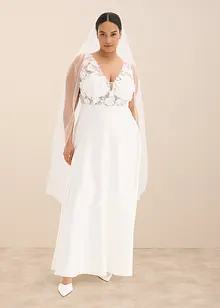 Brudekjole i glinsende sateng med blomsterapplikasjon, bonprix