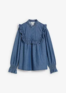 Denimbluse med rysjer, bonprix