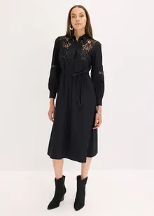 Midikjole i bomull med blondeinnfelling, bonprix