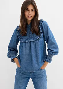Denimbluse med rysjer, bonprix