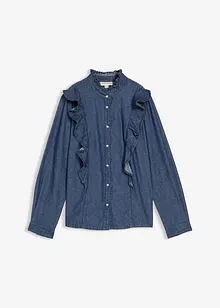 Denimbluse i 100% bomull med volanger, bonprix