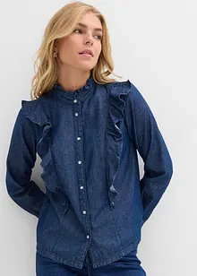 Denimbluse i 100% bomull med volanger, bonprix
