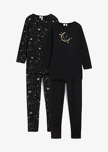 Lang topp og leggings med myk, økologisk bomull og glittertrykk (4-delt sett), bonprix