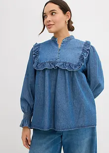 Denimbluse med rysjer, bonprix