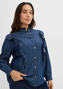Denimbluse i 100% bomull med volanger, bonprix