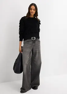 Grovstrikket genser med frynser, bonprix