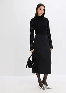 Finstrikket genser med fint pyntede trompetermer, bonprix