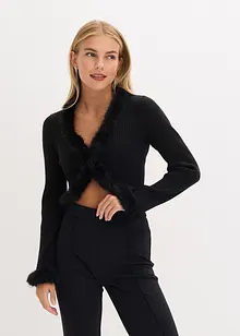 Finstrikket cardigan med fuskepels, bonprix