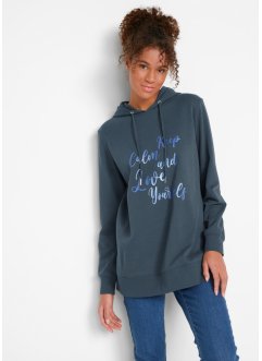 Sporty og feminin sweatshirt med tekst i metallisk skrift og hette, sidesplitter for mer bevegelighet, bpc bonprix collection
