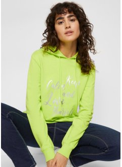 Sporty og feminin sweatshirt med tekst i metallisk skrift og hette, sidesplitter for mer bevegelighet, bpc bonprix collection